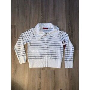 NEW Love Scarlet Sweater Soft Feel  Large White Zip Front Black Striped NWOT